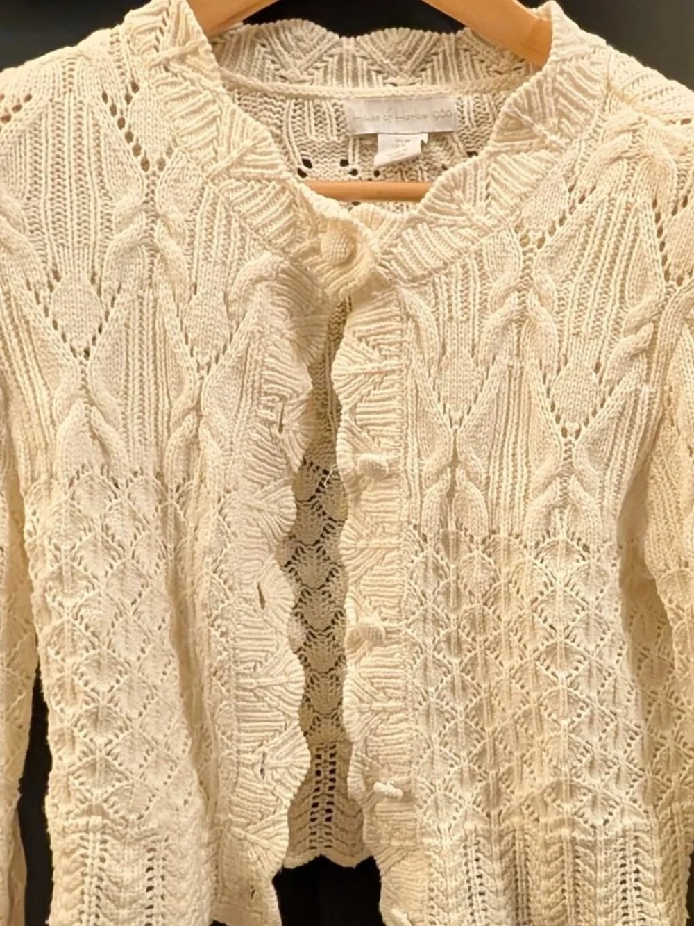 House of Harlow 1960 Cream Cable Knit Ruffle-Edge Cardigan